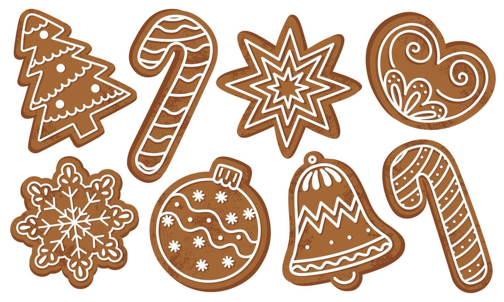 Festive Christmas gingerbread cookies with white glaze, including candy canes, stars, snowflakes, and holiday ornaments. Isolated on white. Perfect for christmas cards, ads, and seasonal backgrounds. vector