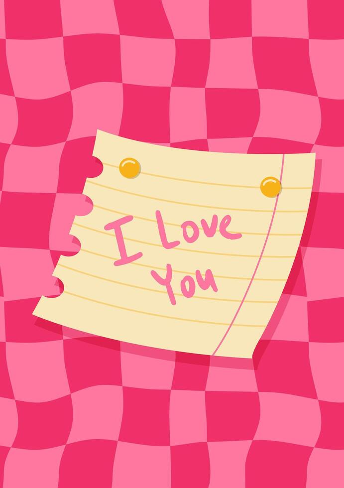 Romantic Valentines Day poster featuring a yellow notepad with I Love You , pinned on a vibrant pink checkered background. Cute love sale flyer template, label, ad, copy space, cover, banner. vector