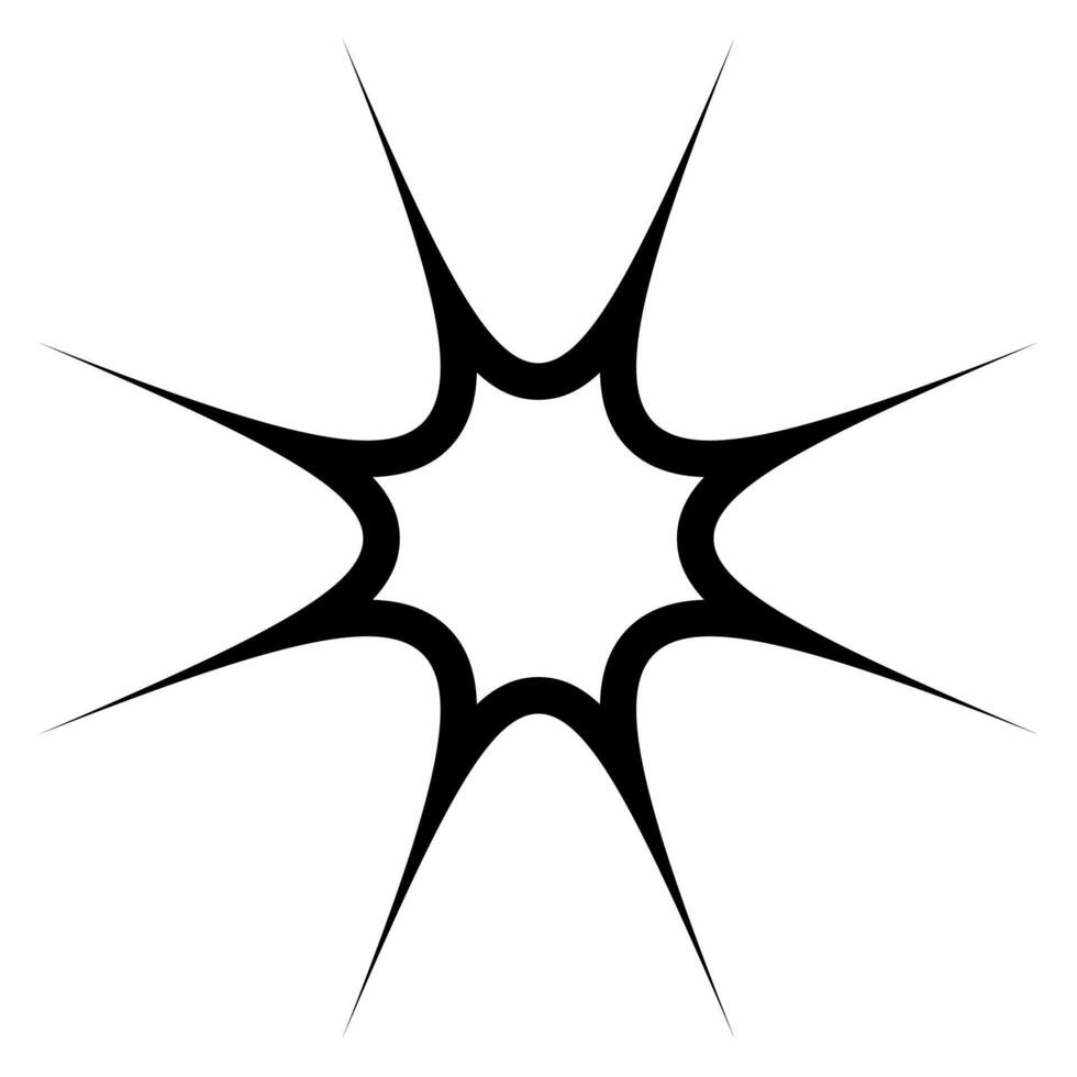 Bold starburst shape. Sharp, symmetrical edges create a cosmic and celestial vibe. For Y2K, sci-fi, space, and digital posters, backgrounds. Retro futuristic shine. Bold and dynamic light effect. vector