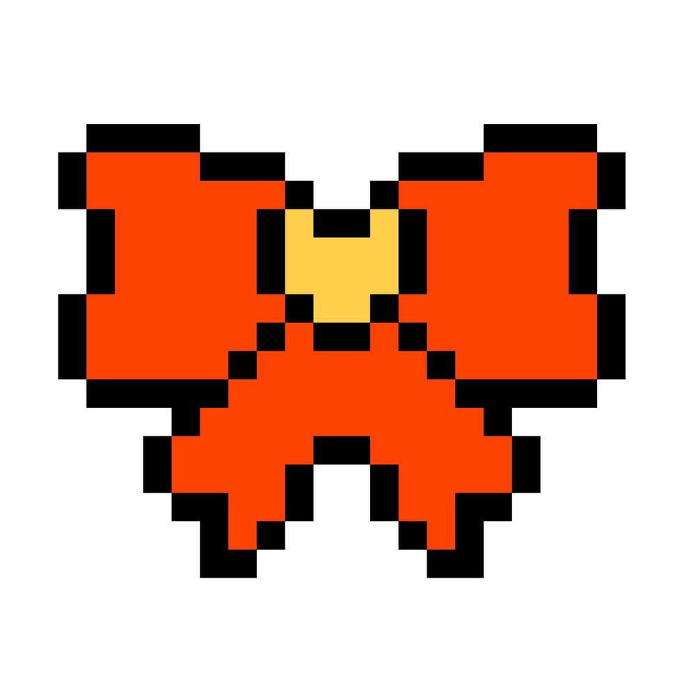 Contemporary red bowknot with yellow heart in the centre. Pixel art icon. Vintage 8 bit texture. Hair braiding accessory. Game design icon. Old style. 90s game style. vector