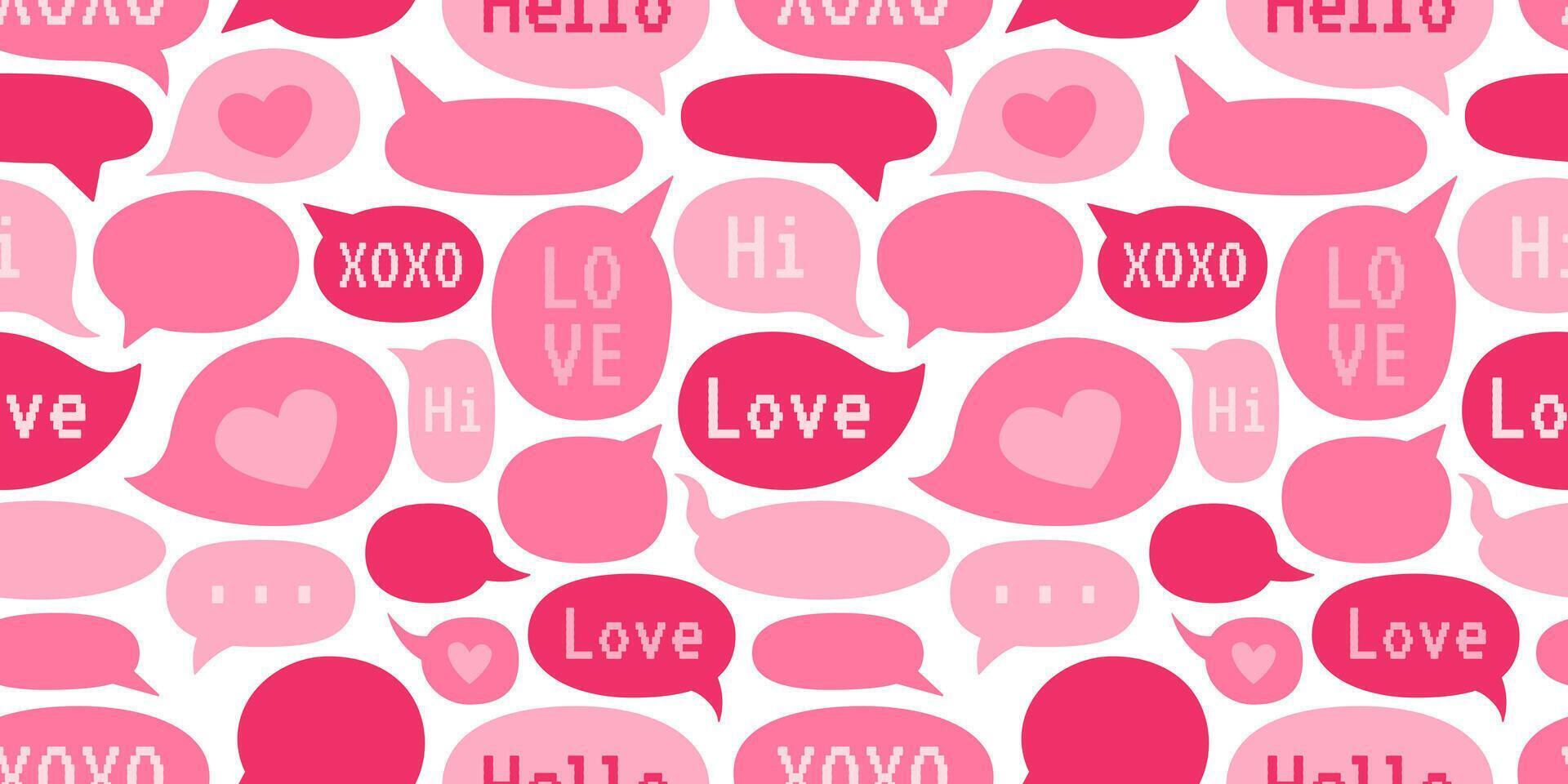 Seamless Valentine s Day pattern with pink speech bubbles featuring romantic words like love, hi, and xoxo on a white background. Pixel font. Perfect for wrapping paper, and romantic designs. vector