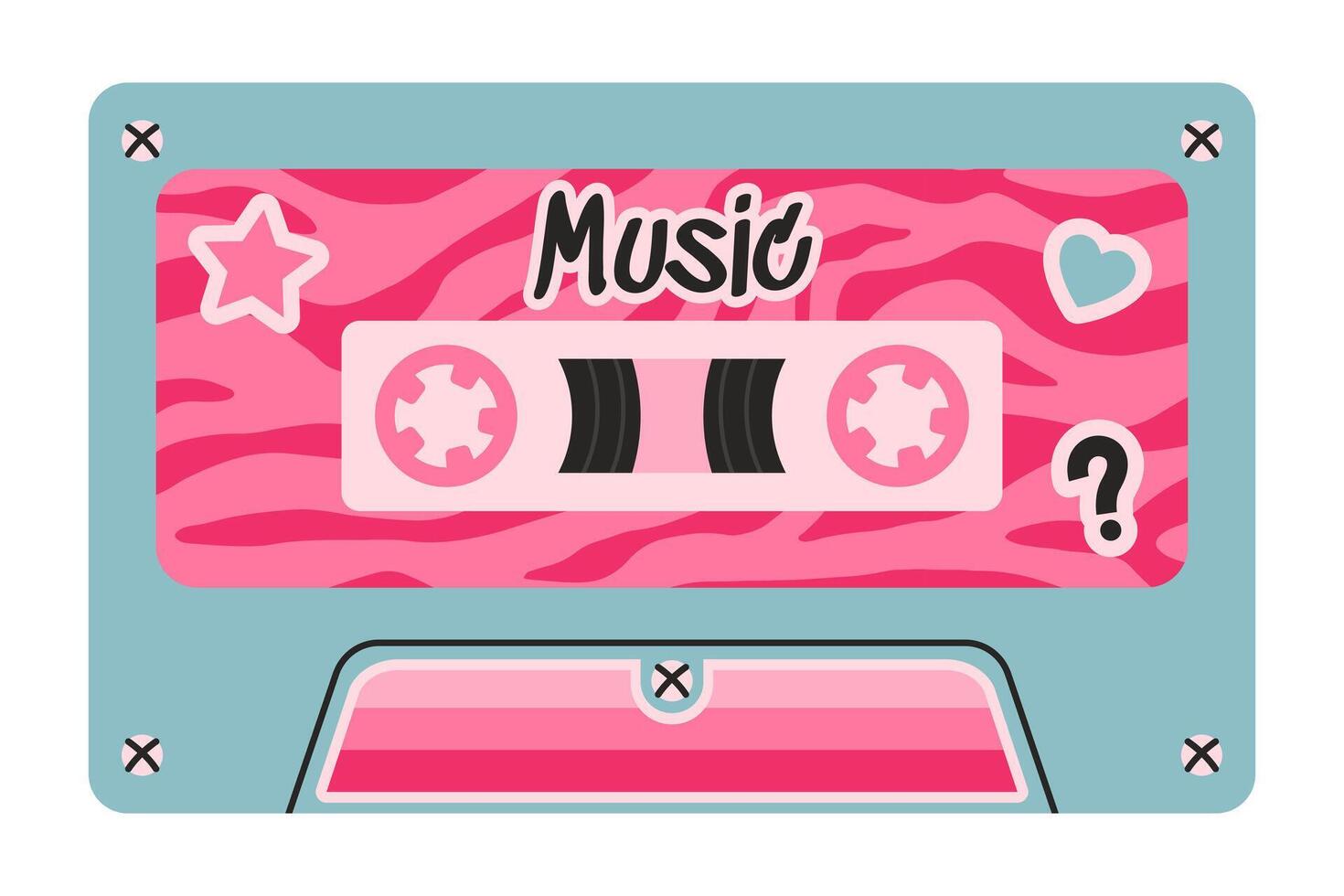 Retro-style pink and teal cassette tape with zebra print patterns, decorative elements like a heart, star, and question mark. Nostalgic and vibrant design evoking 80s and 90s vibes. vector