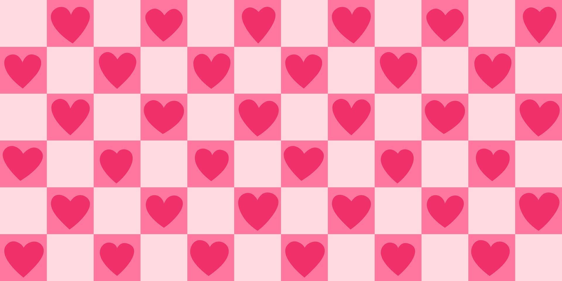 Seamless pink heart pattern on a soft checkered background, perfect for Valentine's Day, weddings, or romantic designs. Wrapping paper in y2k millennial style. 2000s retro love chessboard backdrop. vector