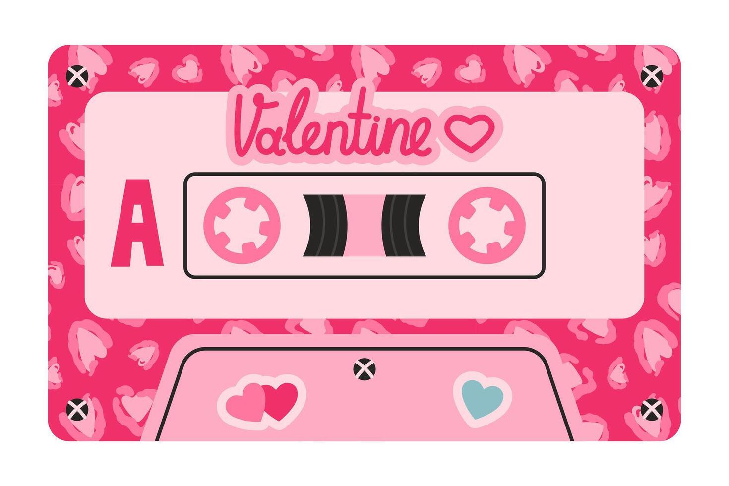 Retro pink cassette tape with heart leopard patterns and word Valentine. Charming and nostalgic design evoking love and romance, perfect for themes of Valentine s Day, music, and vintage aesthetics. vector