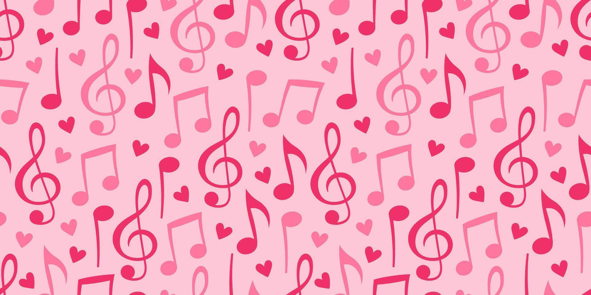 Seamless pink pattern with musical notes, treble clefs, and hearts. Perfect for Valentine's Day, romantic designs, wedding invitations, or any project celebrating love and music in a cheerful style. vector