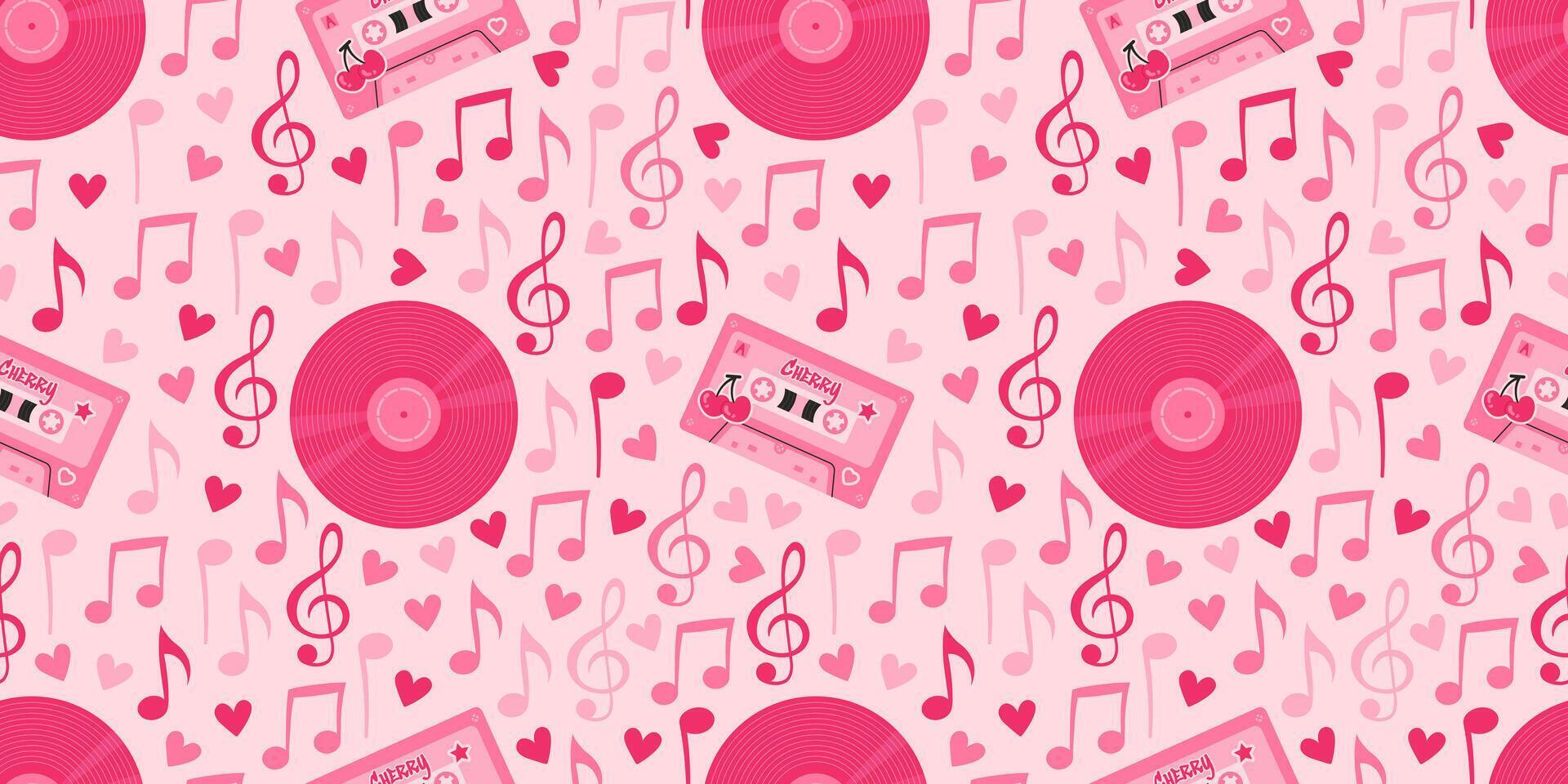 Seamless romantic pattern featuring musical elements like notes, treble clefs, cassettes, and vinyl records with hearts on a pink background. Perfect for Valentine's Day, weddings, and celebrations. vector