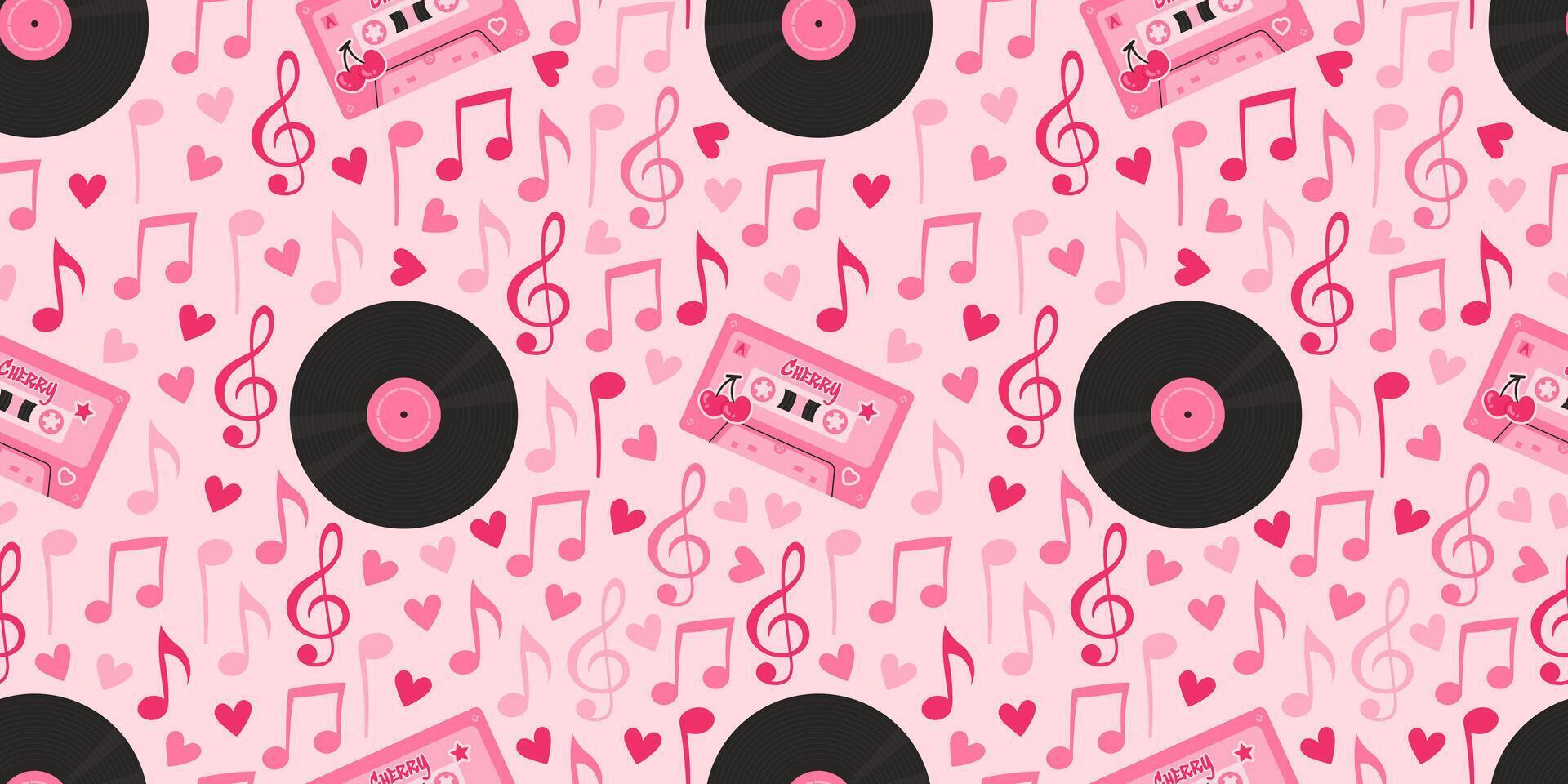 Romantic background with musical elements like notes, treble clefs, cassettes, and vinyl records with hearts. Perfect for Valentine's Day, weddings, and festive celebrations. Seamless pattern. vector