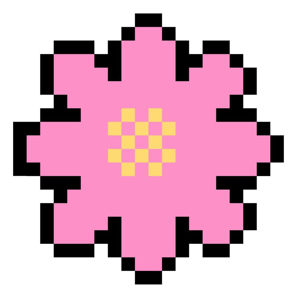 Pixel art of a pink flower with black outlines and a yellow center, showcasing a retro, 8-bit style. Simple yet vibrant design, perfect for digital art, gaming, and creative projects. vector