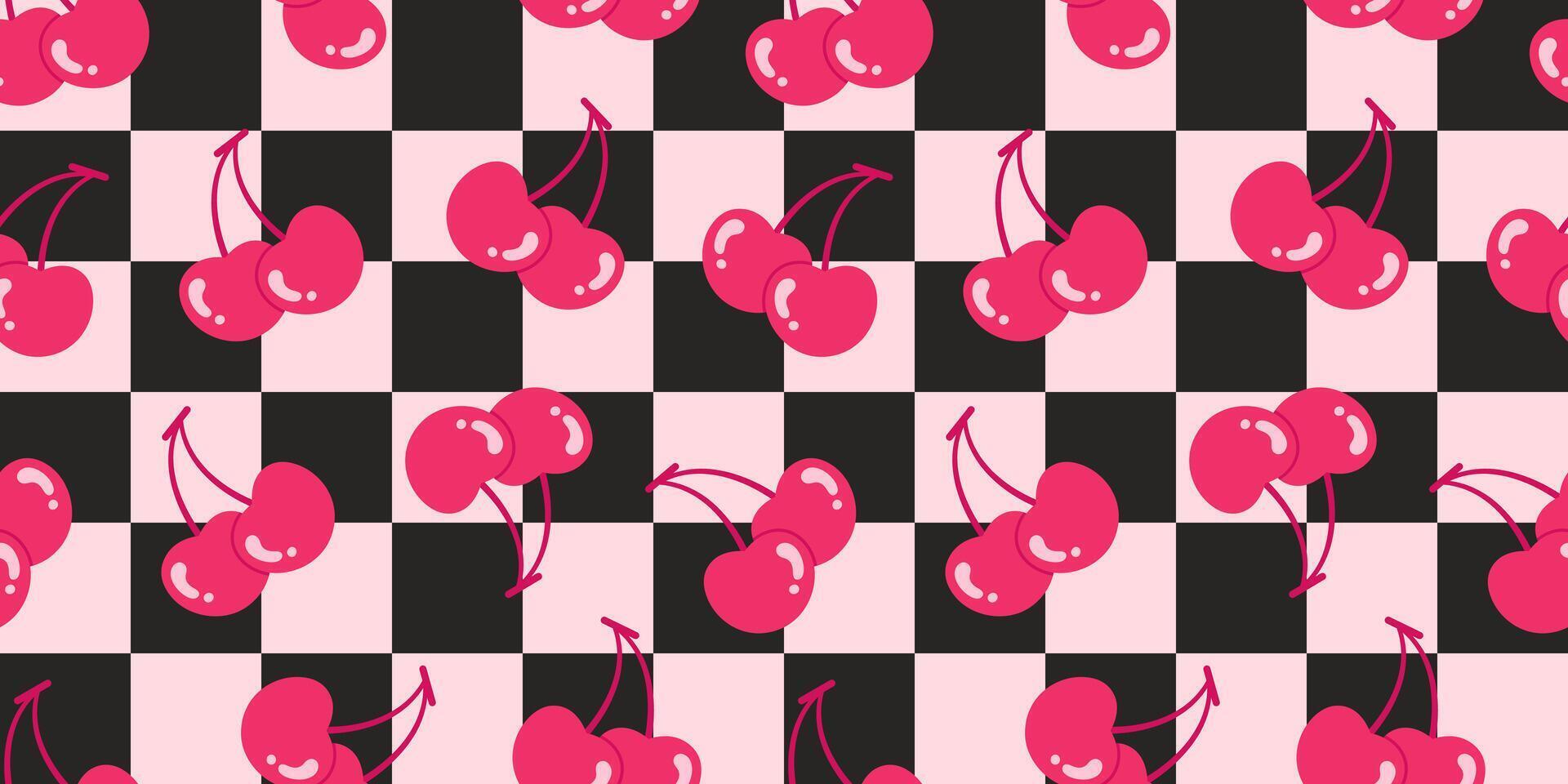 Seamless pattern with vibrant cherries on a pink and black checkered background. Perfect for romantic, retro, or modern designs. Valentine s day. 14 february. geometric background. Gift wallpapers vector