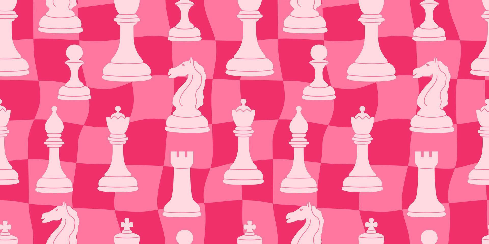 Seamless chess-themed pattern with classic chess pieces on a pink checkered background. Perfect for romantic, retro, or modern designs. Valentine's day. 14 february. Geometric background. Love, XOXO. vector