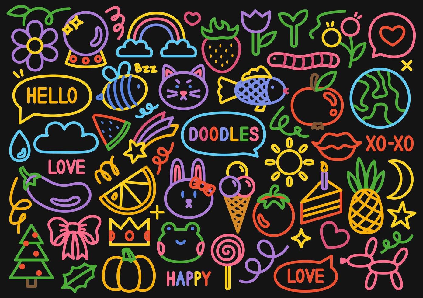 Doodle collection with animals, fruits, flowers, and cheerful elements like rainbows, stars, and hearts on a dark background in neon style. Perfect for kids projects, stationery, and fabric designs. vector