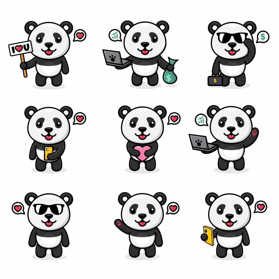 nine sets of colored cartoon pandas, with various styles, cute, fun, and kawaii vector