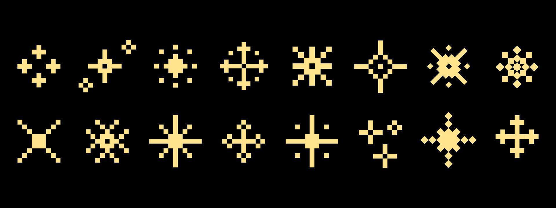 Abstract pixel icons in yellow color featuring crosses, stars, flashes and geometric shapes, perfect for retro gaming, UI design, digital art, icons and creative visual assets. illustration vector