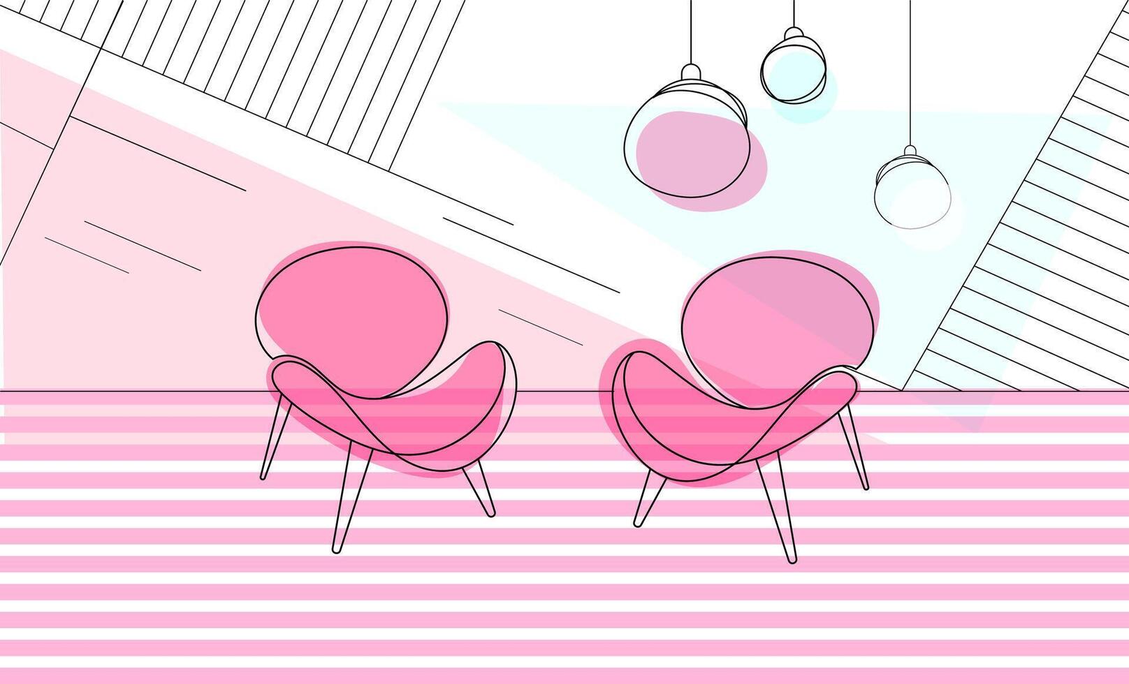 Modern line art interior with two pink accent chairs, geometric wall patterns, ideal for design blogs, home decor magazines, social media graphics, and presentation backgrounds. illustration vector