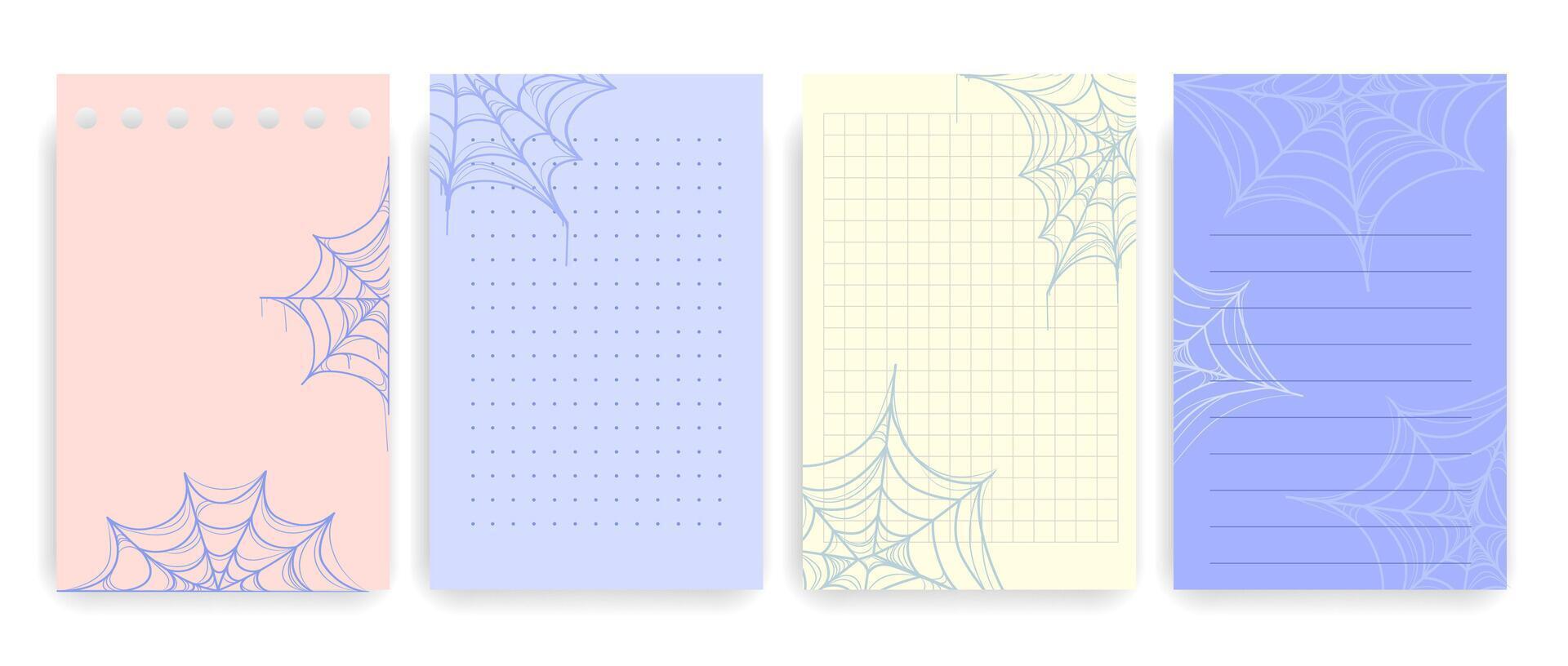 Set of pastel note papers featuring spider web designs with lined, grid, and dotted layouts, ideal for bullet journaling, Halloween themed planners, stationery, printable to-do lists and notes. vector