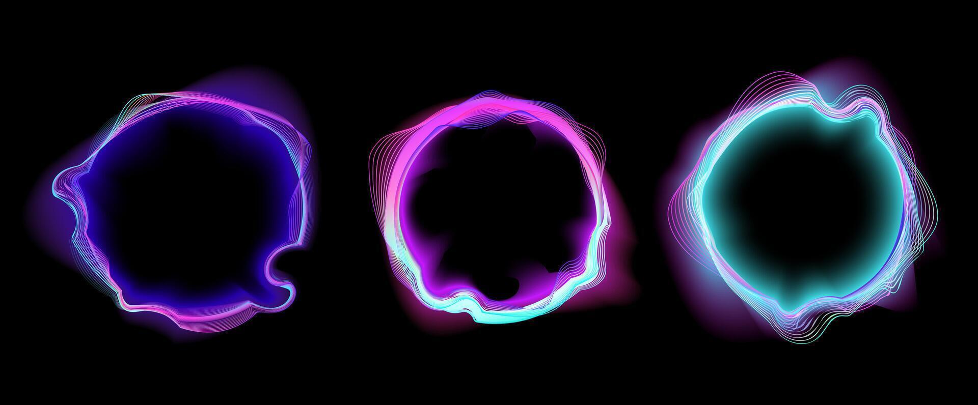 Set of abstract glowing circular sound waveforms in neon colors on a black background, ideal for music visualizers, DJ event graphics, audio interfaces, podcast branding, or EDM cover art. vector