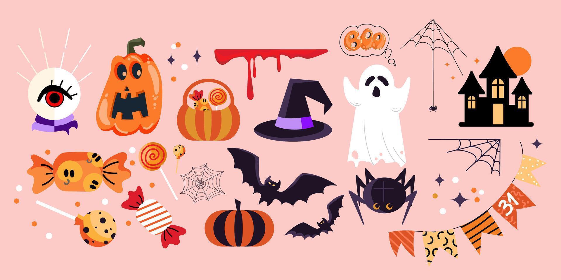 Halloween themed illustrations with pumpkins and ghosts vector