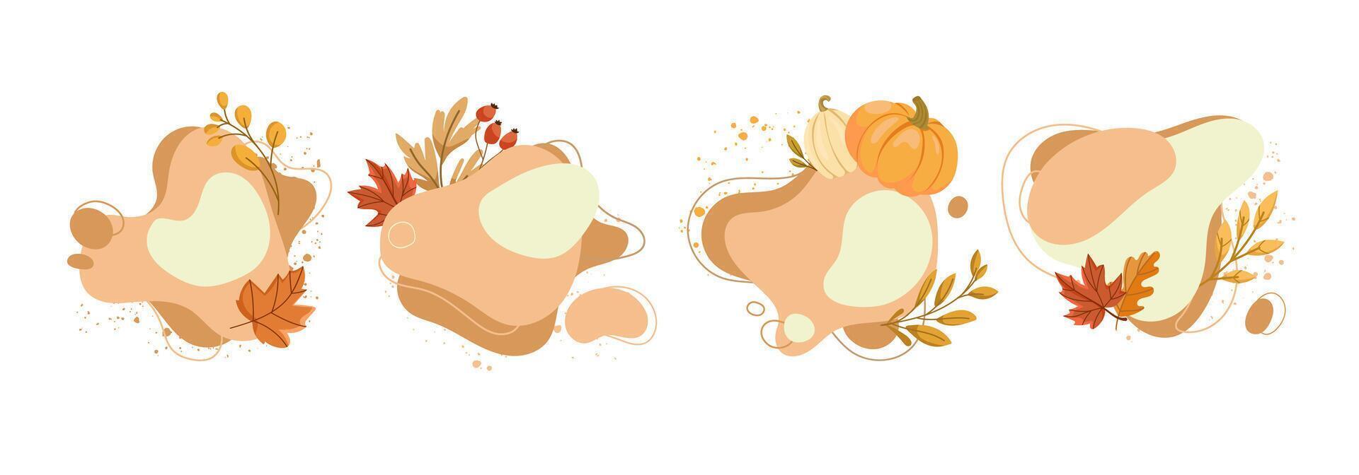 Set of abstract autumn shapes with fluid designs, fall leaves, branches, and pumpkins in warm seasonal tones, seasonal banners, social media posts, packaging, and autumn marketing designs. vector