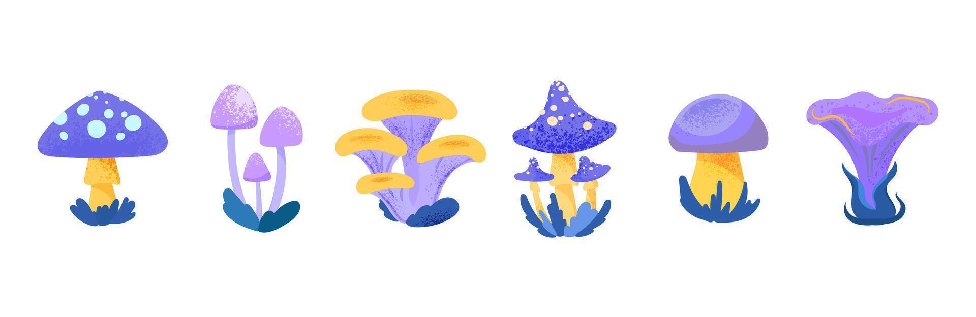 Fantasy Mushrooms set Illustration. Collection of whimsical mushrooms with texture in flat style, ideal for childrens designs, prints, icons, design element, packaging vector