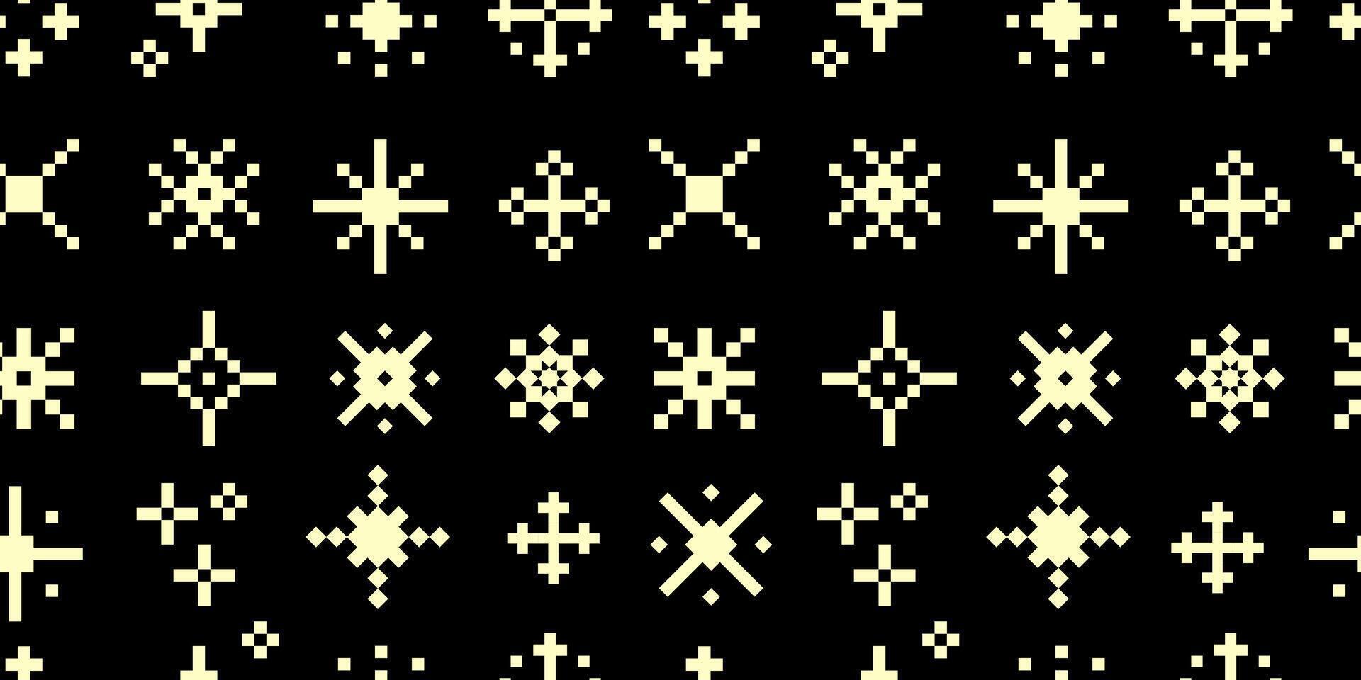Vintage Pixel Glowing Star Pattern. Seamless pixel pattern with glowing retro stars, sparkles, light bursts, for vintage background, digital art, retro wallpapers, textile design, print paper. vector
