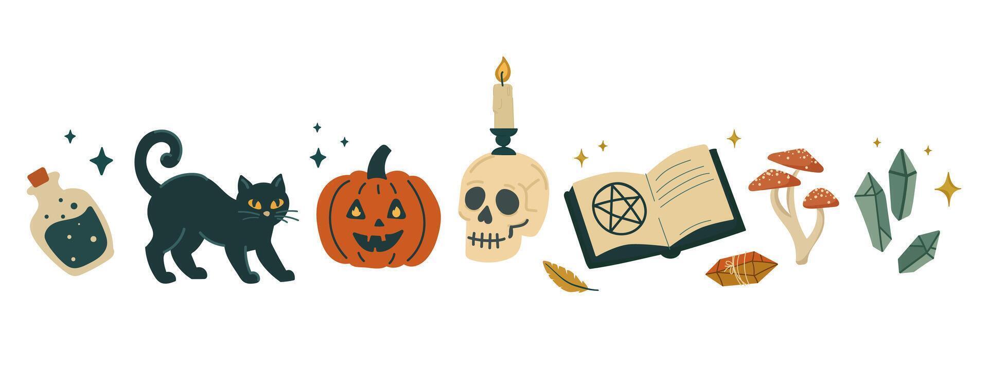 Halloween Witchcraft Icon Set with Magical Elements. Halloween black cat, pumpkin, skull, potion, candle, spell book, mushrooms, crystals, magical symbols, stickers, posters, digital art . vector