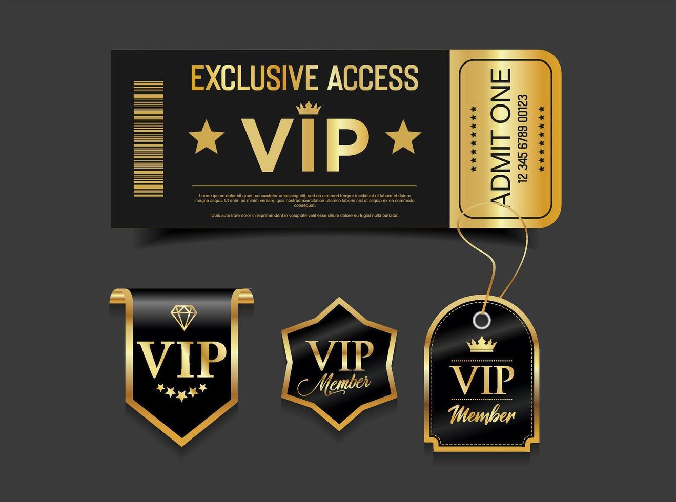 VIP Pass Ticket Luxury Black and Gold Cinema Style Invitation or Event Access emblem vector