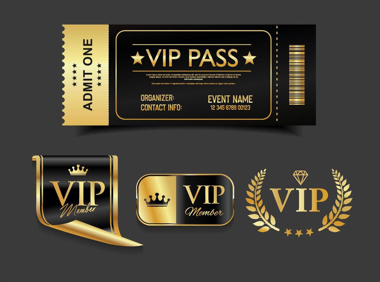 VIP Pass Ticket Black and Gold Cinema Invitation or Event Access Badge vector