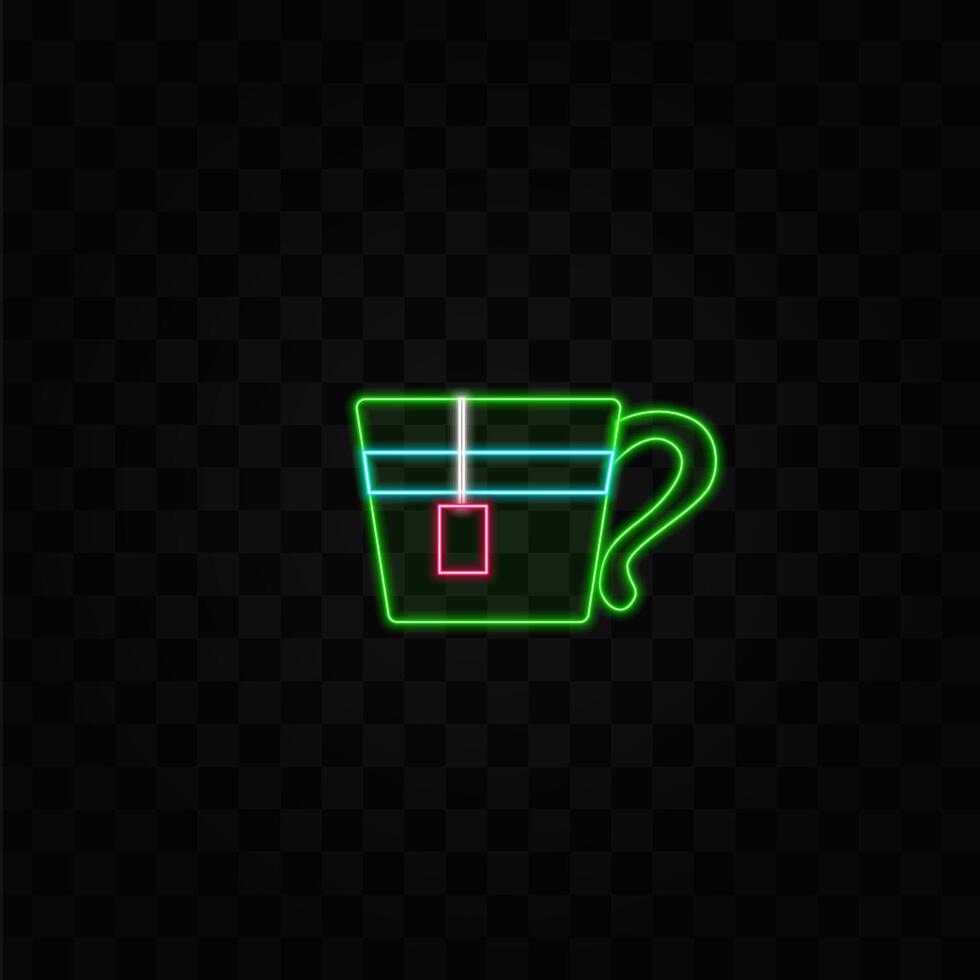 Aromatic drink with caffeine, hot liquid in mugs. neon style. Cappuccino or espresso, doppio or mocha. vector