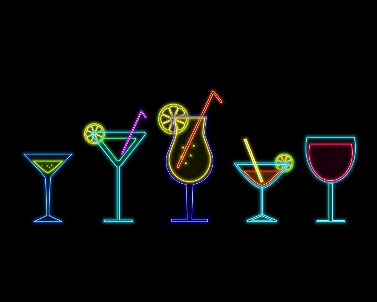 Cocktail sign collection with neon style.Neon icon of umbrella cocktail. Cherry cocktail on neon sign. neon drinks. vector
