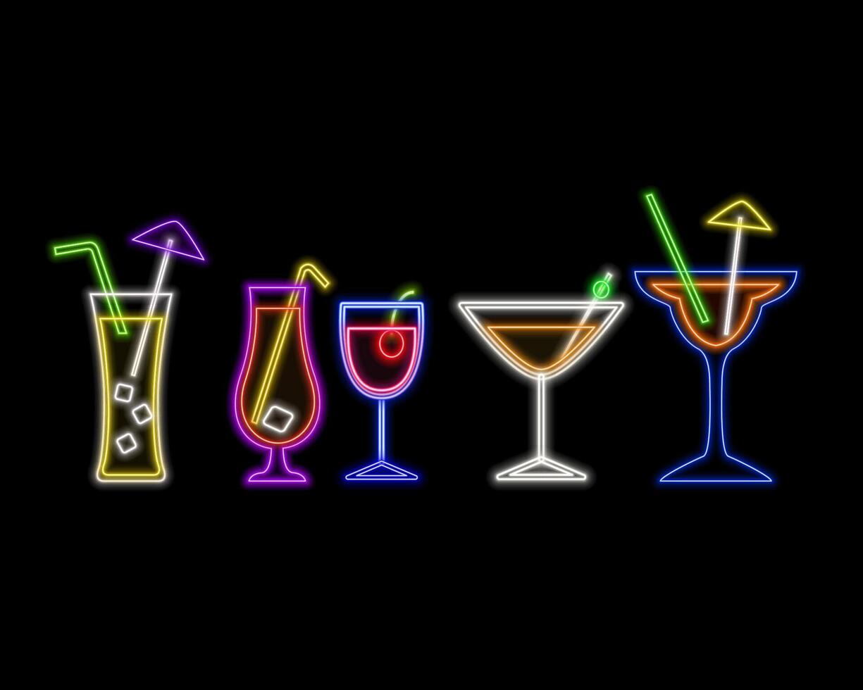 Cocktail neon sign in glowing glass.Cocktail sign collection with neon style.Neon icon of umbrella cocktail. vector