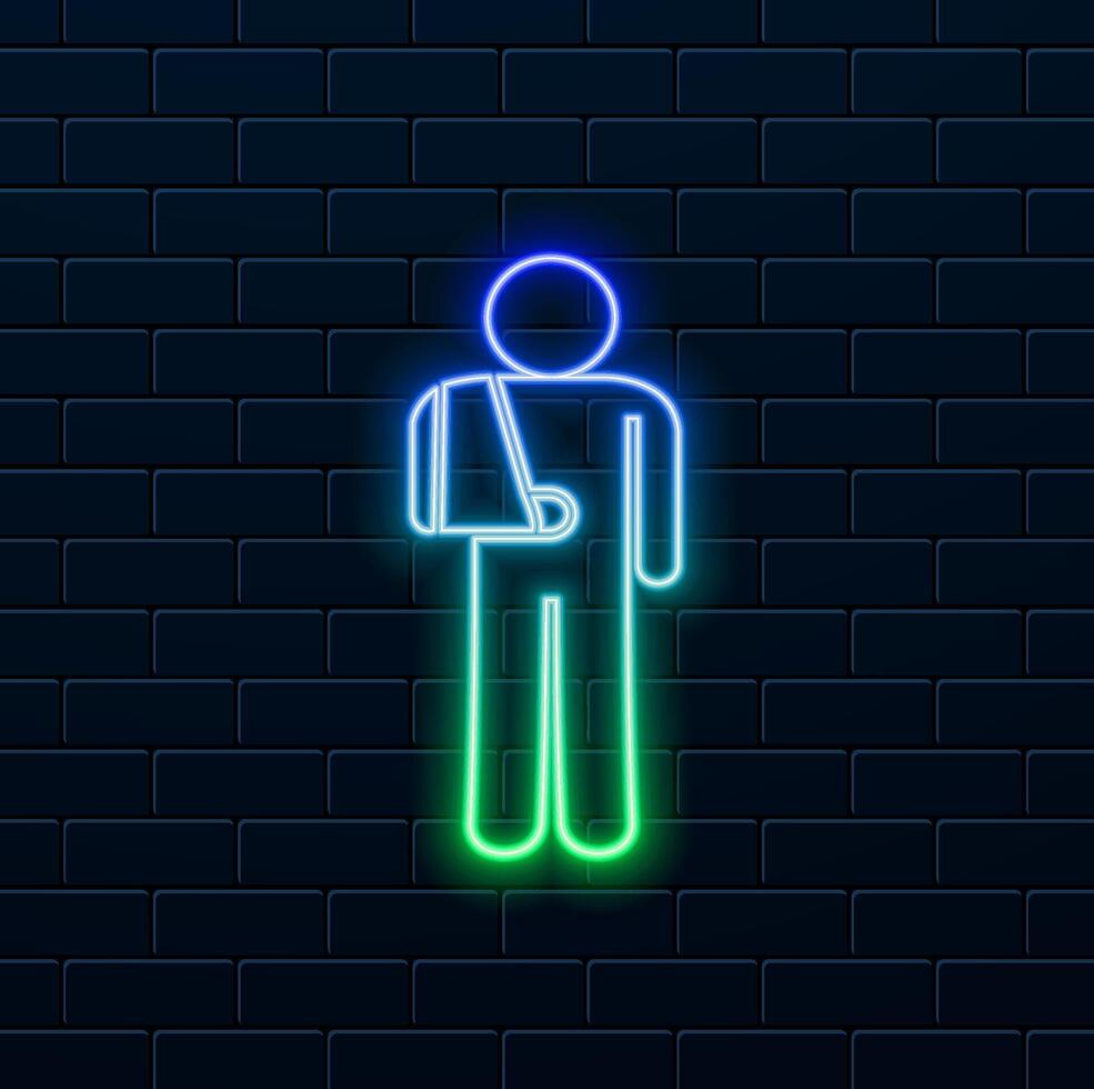 Icon,broken arm. neon style. Trauma plaster disabled person disabled people vector