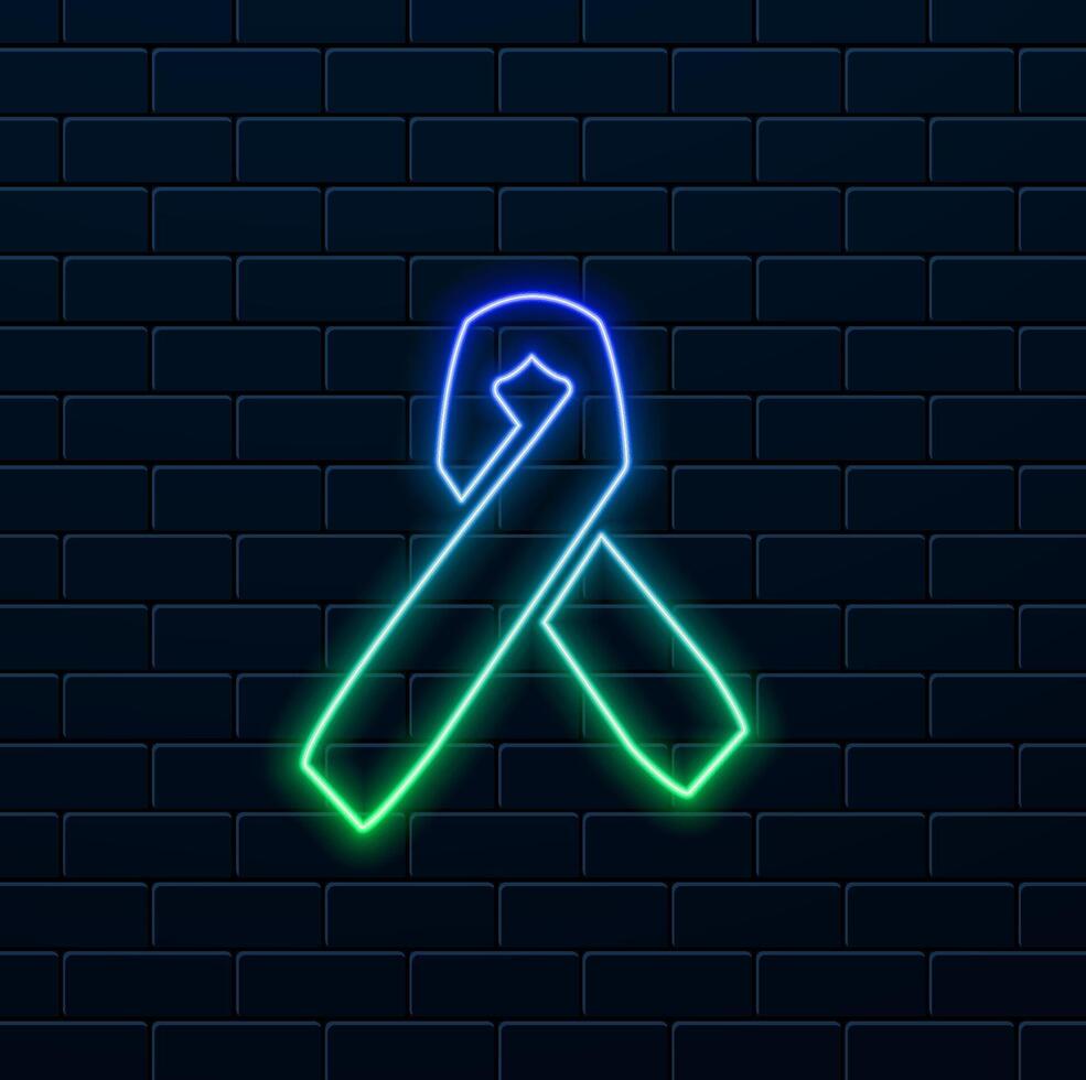 International symbol green and blue ribbon poster about ovarian cancer in women. neon style. vector