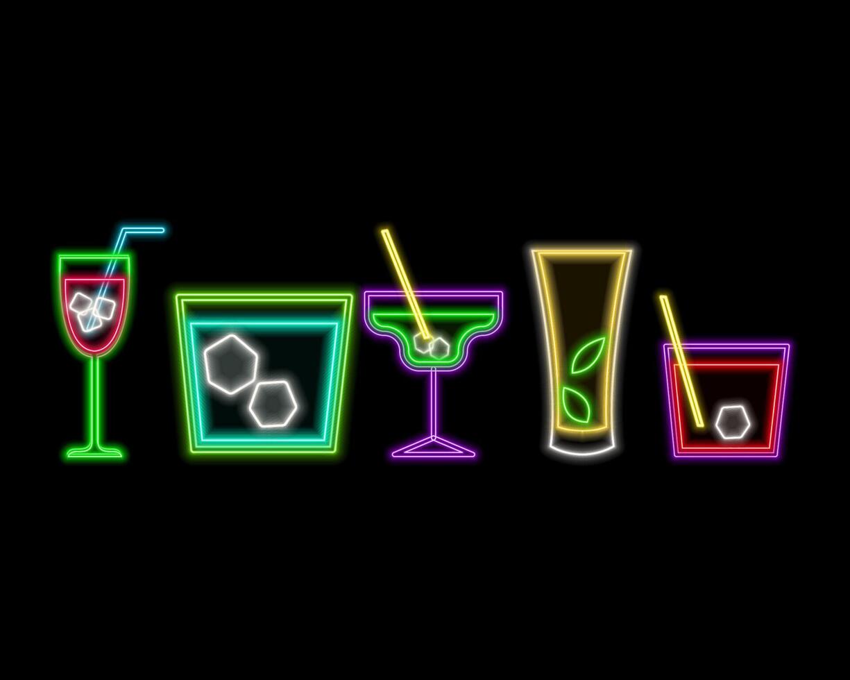 cocktail and neon sign. neon style drinks icons. various models. vector