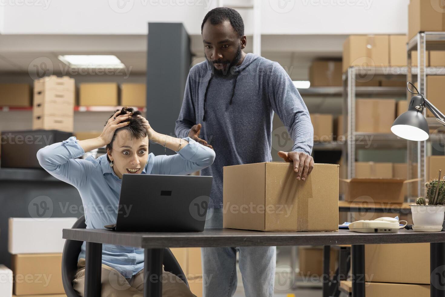 Multiethnic workers getting annoyed by order mix up before shipment, struggling to solve custom orders problem. Stressed staff working hard for express delivery, logistics mess. photo