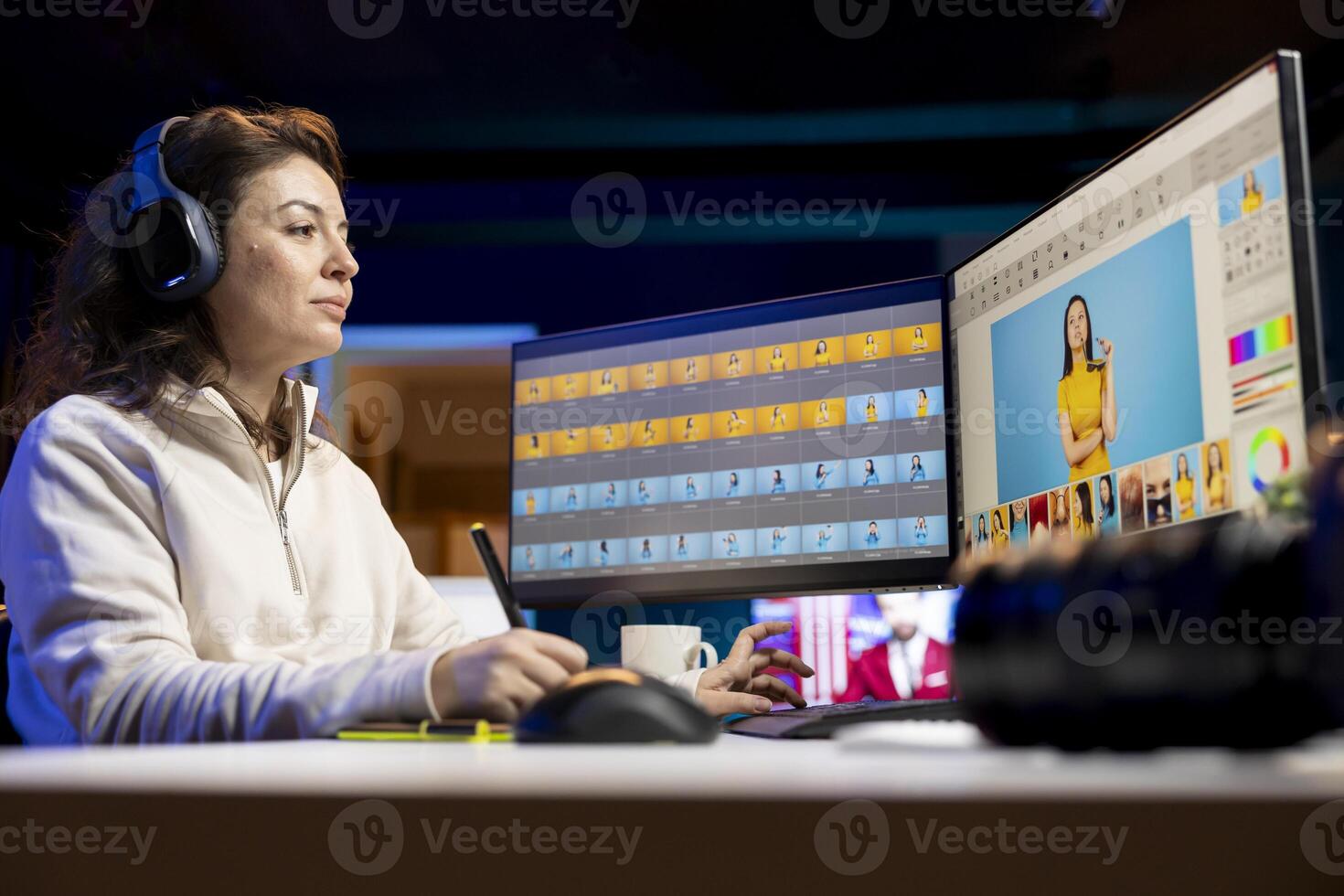 Photographer using advanced photo editing software and listening podcasts. Photo editor utilizing specialized photographs retouching application to make adjustments, hearing songs in headphones