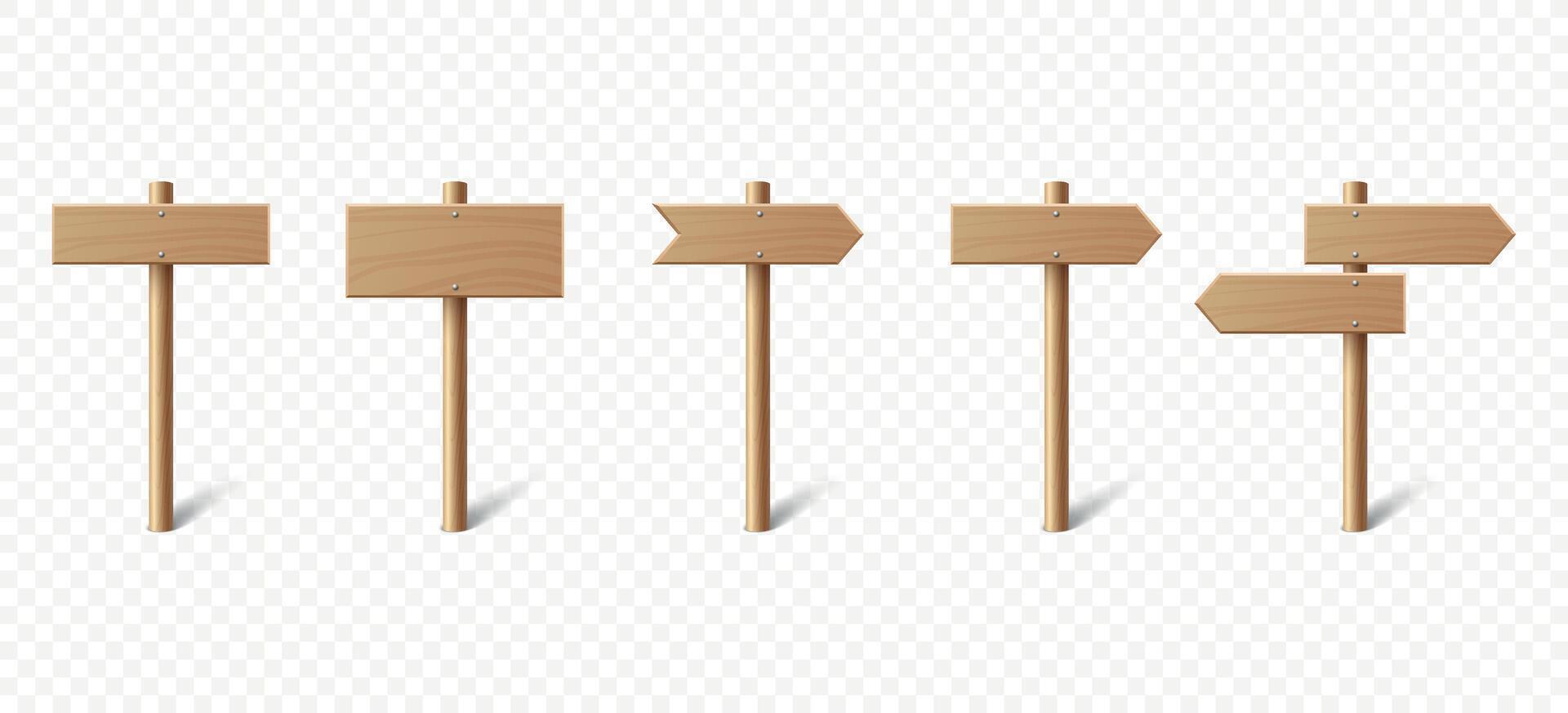 Realistic Wooden Blank Sign Post Set. Realistic Road Signboard. Plywood Pointer, Timber, Directional Sign Design Template, Front View. Illustration in 3D Style vector