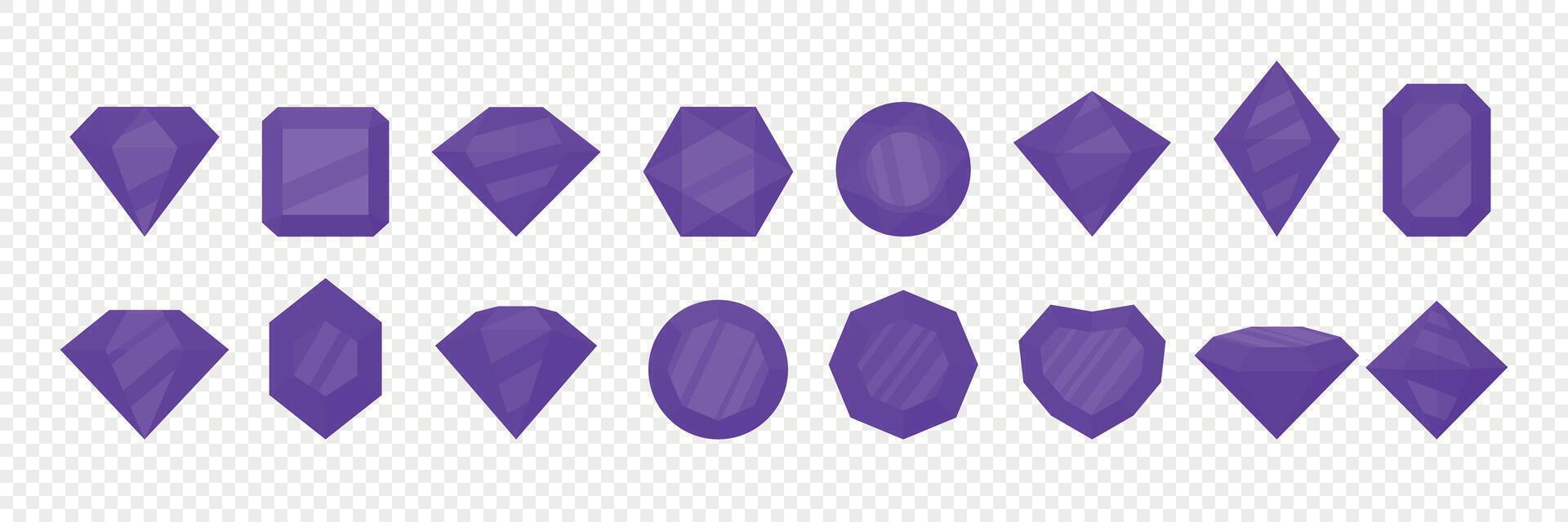 Purple Gemstones Set. Crystal Icons Collection, Jewelry Elements for Luxury Branding. Diamond, Amethyst, Violet Precious Gems. Fantasy Design and Decoration vector