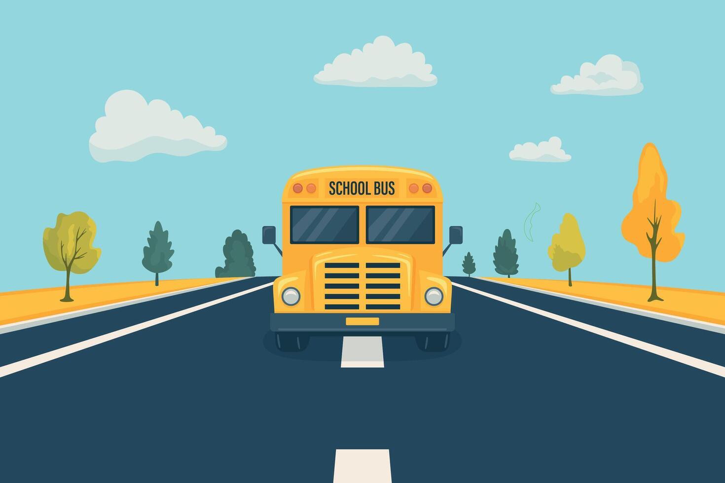 Yellow School Bus on Road with Landscape Background. Cartoon School Bus Illustration for Kids Education. Back to School, Children Transport. School Transport Clipart vector