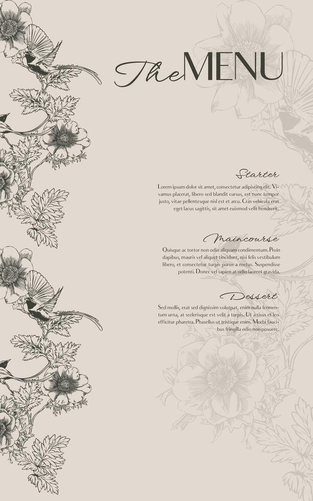 Hand Drawn Menu Template with Flycatcher Bird Surrounded by Anemone Flowers and Leaves vector