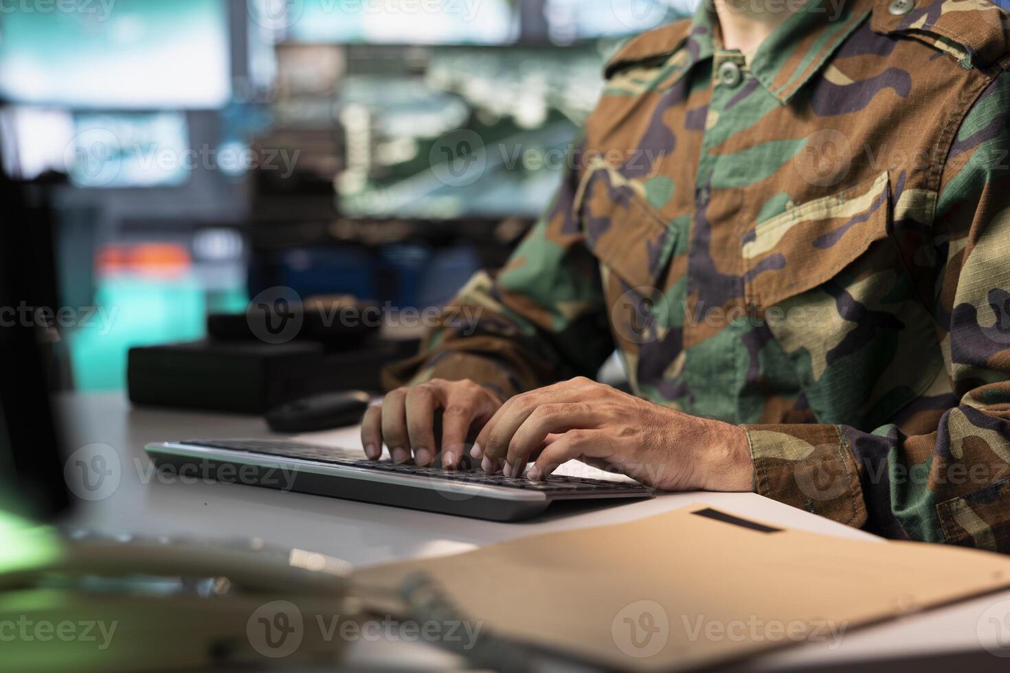 Counterintelligence agent combating organized crime and terrorism using detection system. Intelligence corps officer protecting national sovereignty by tracking terrorists entering country photo