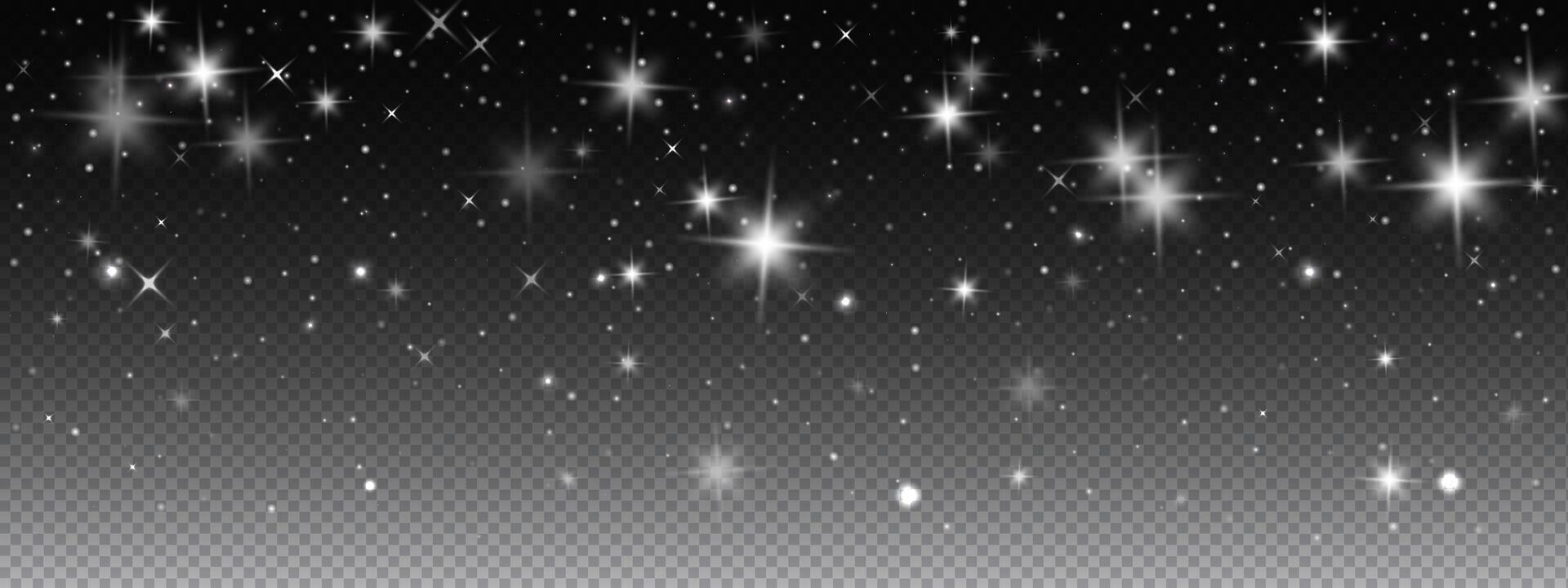 Star light with shine and glitter on black background for night sky effect or sparkle. Transparent with spark, flare, and magic glow for space design. vector