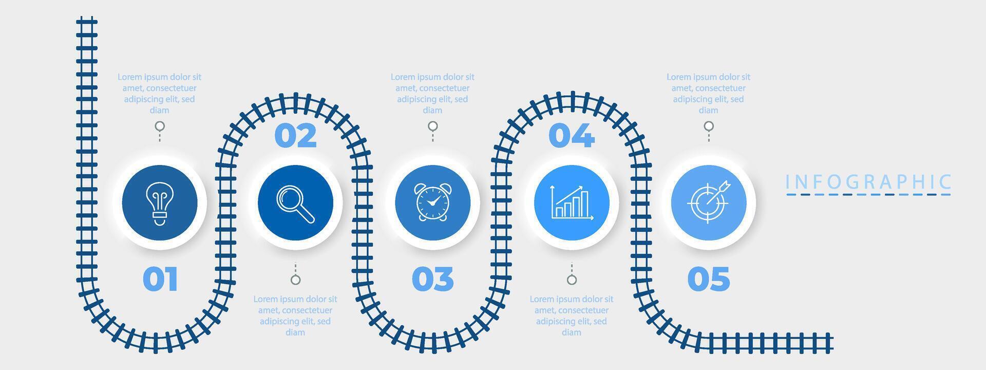 Five step infographic with road path and timeline map for process diagram with icon. Includes line element for business flow and creative milestone design with modern layout or pointer. vector