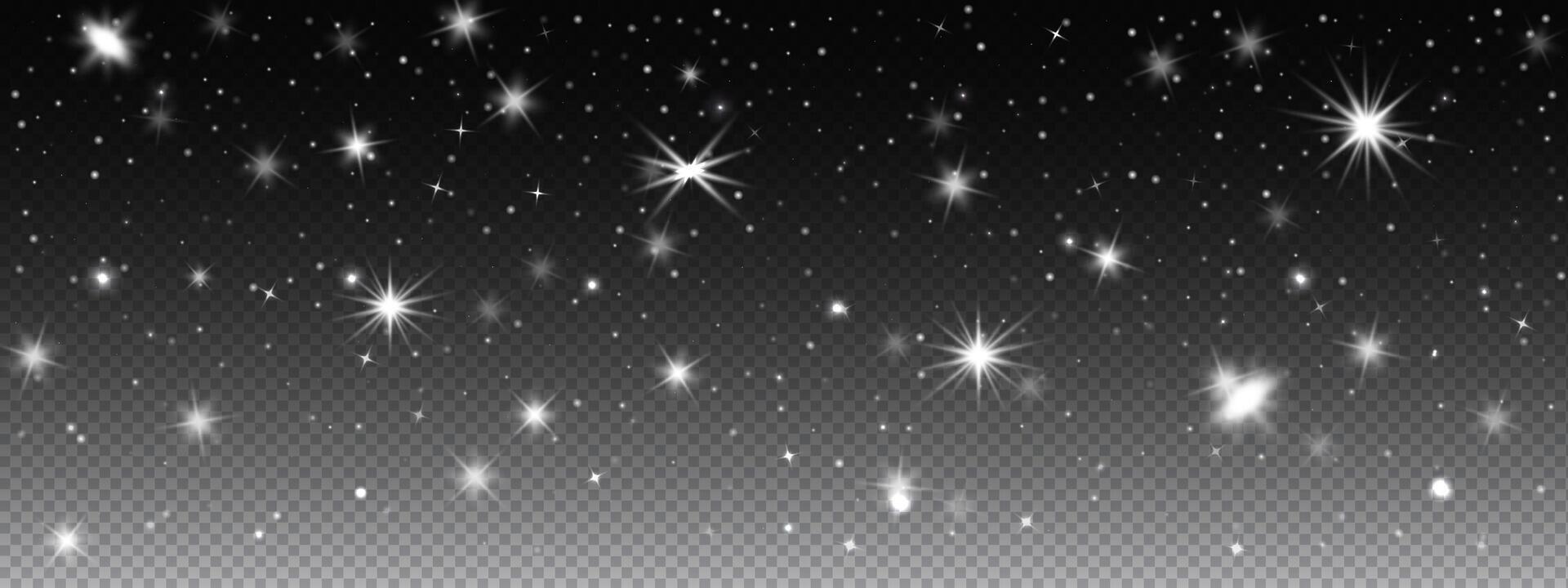 Shiny stars and sparkle light on a dark background with glow, glitter, and flare. effect with transparent sky dust or abstract festive burst. vector