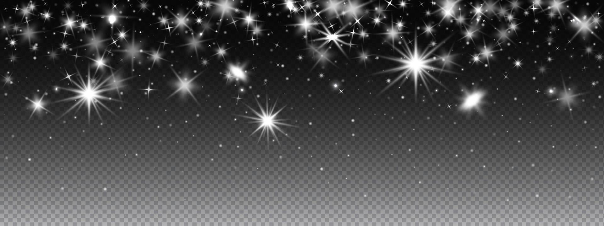 Night sky with star sparkle, flare, and glowing particles for abstract or space design. Transparent effect with twinkle, shine, and glitter for use. vector