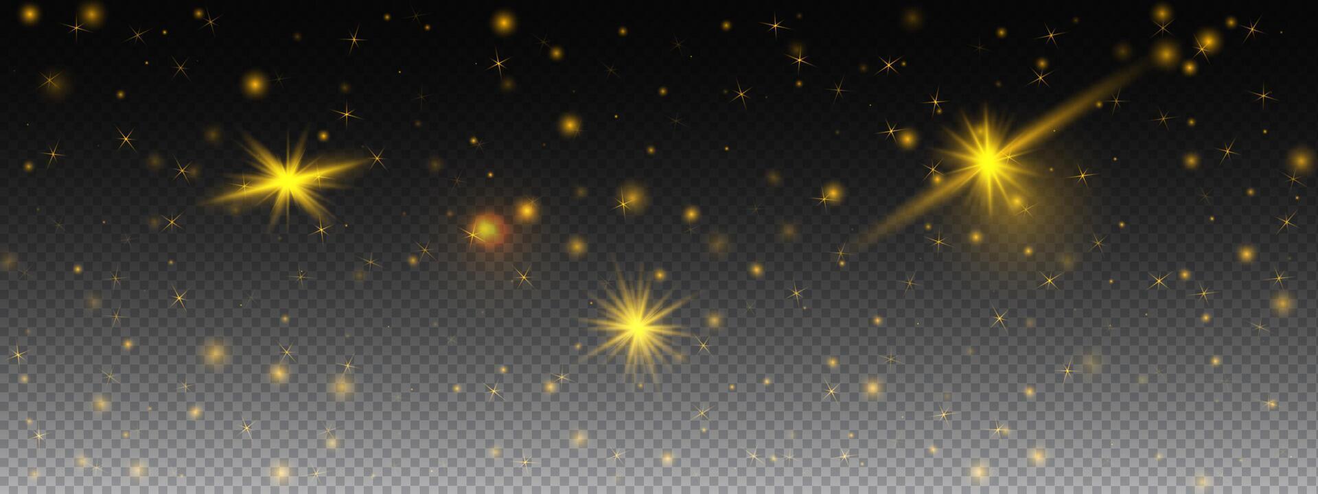 Golden light and glitter with star sparkles and shine on black background for festive or magic effect. Bright yellow stardust with glow, swirl, and flare. vector