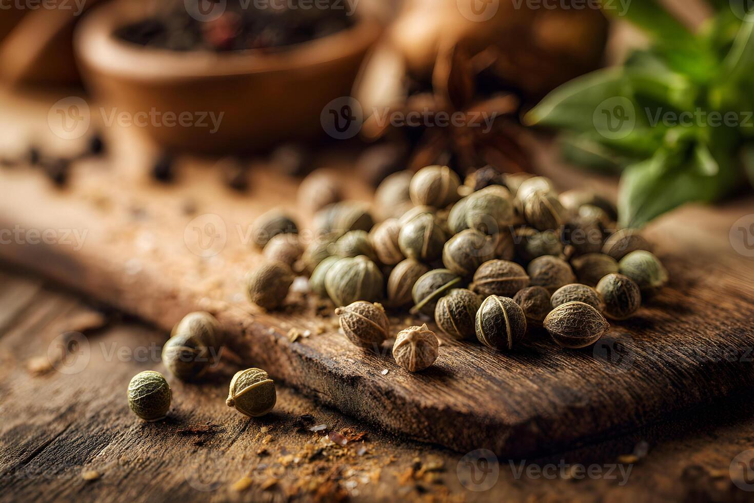 Fresh seeds and spices on wood photo