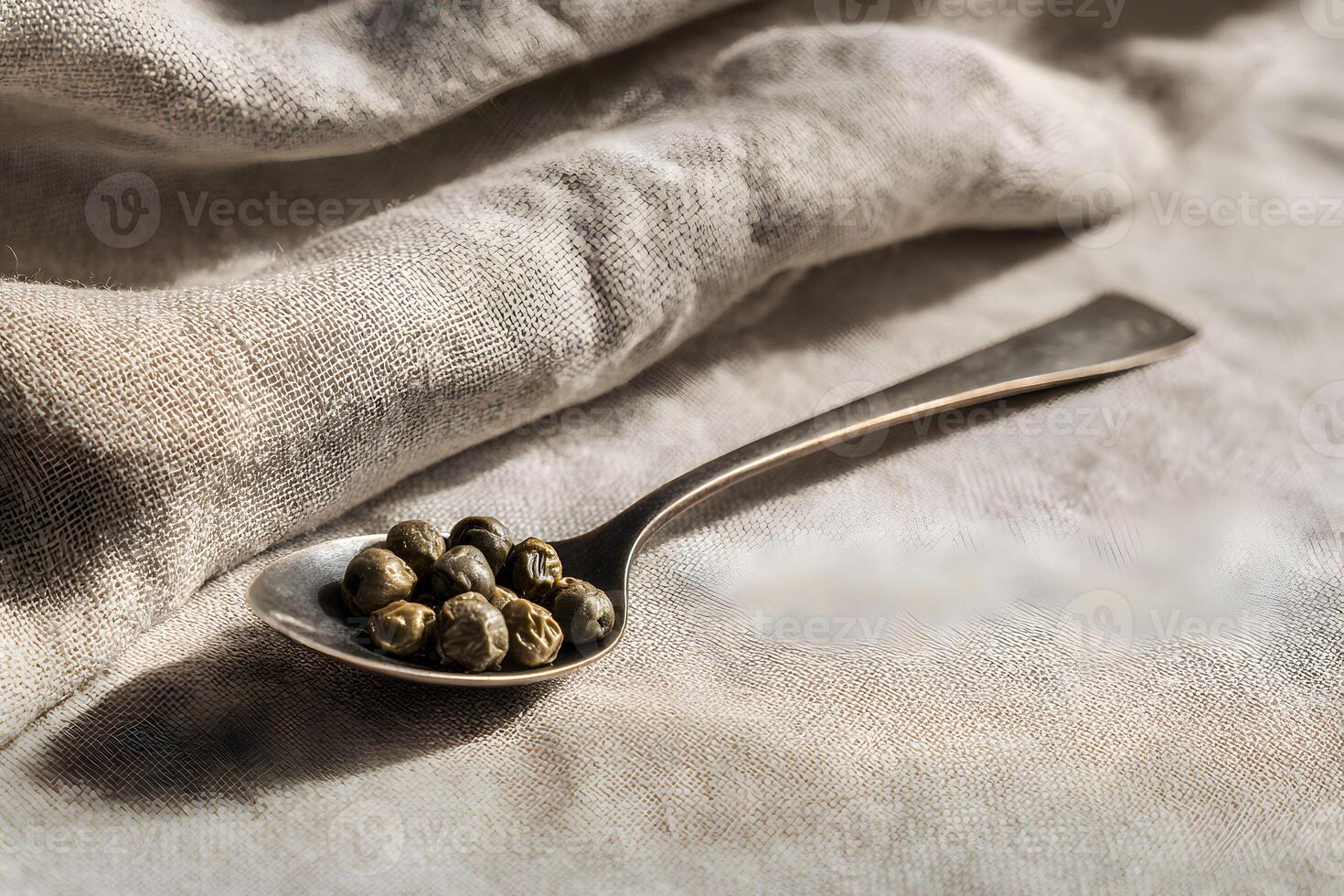 Spoon with seeds on linen fabric photo