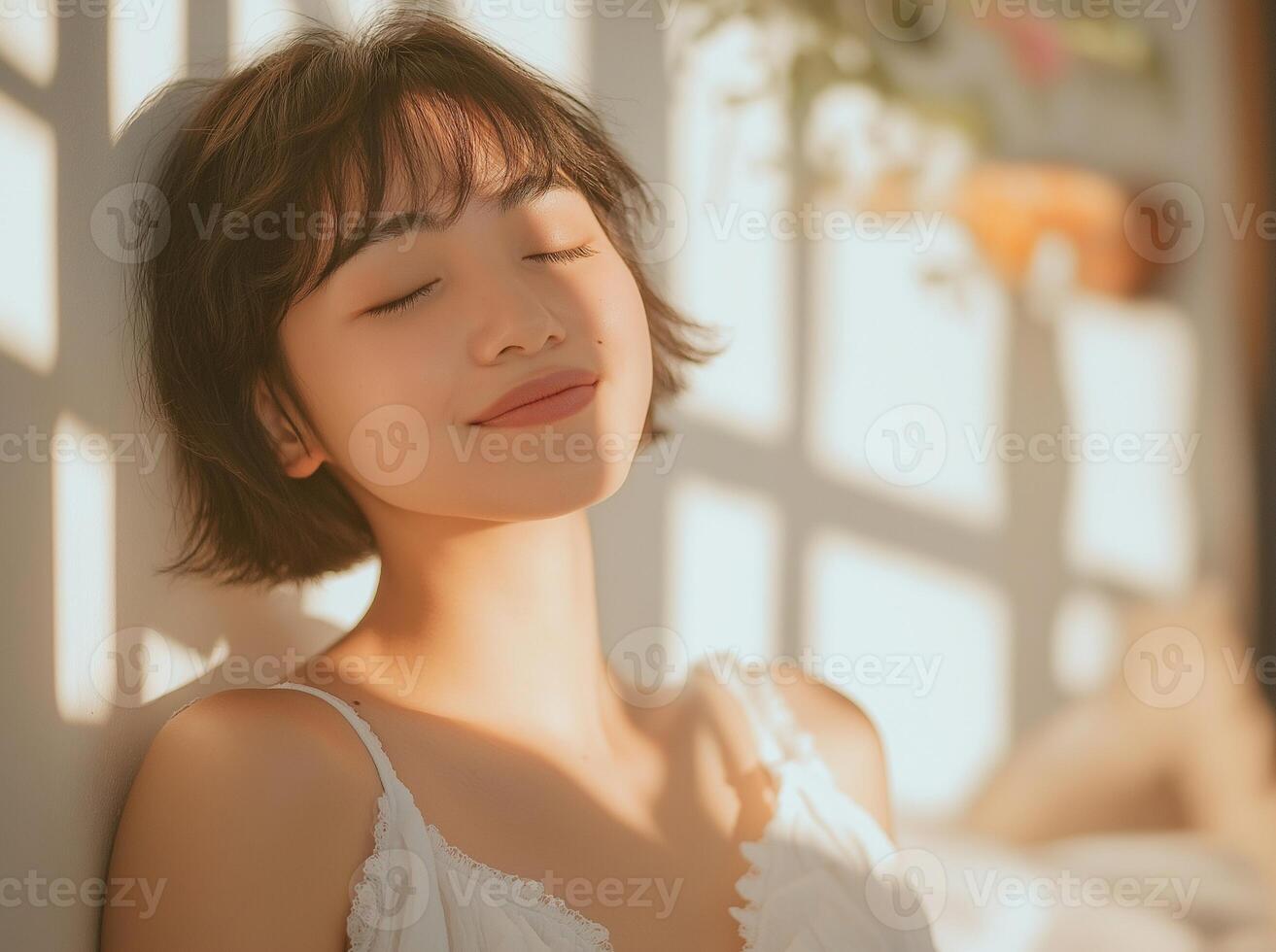 A woman is smiling while laying on a bed photo