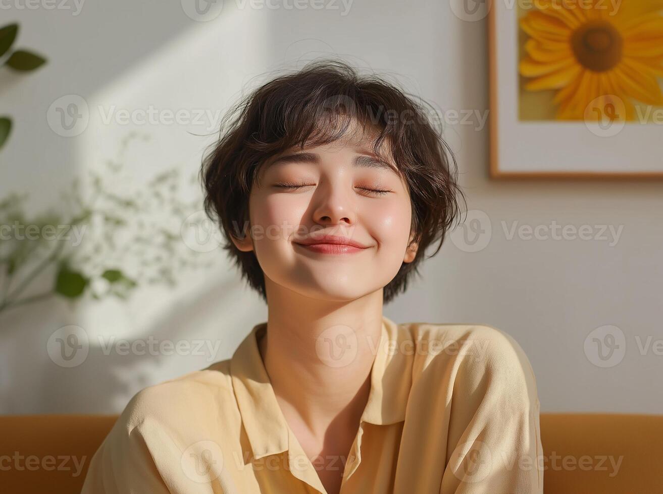 A woman with her eyes closed sitting on a couch photo