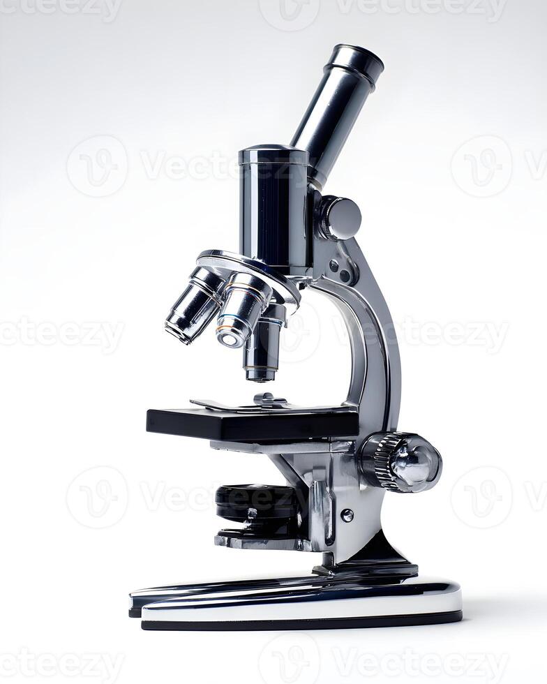 Close-up of advanced microscope in modern laboratory. Medical Research Laboratory with Microscope and Scientist Silhouette. microscope on a white background. photo